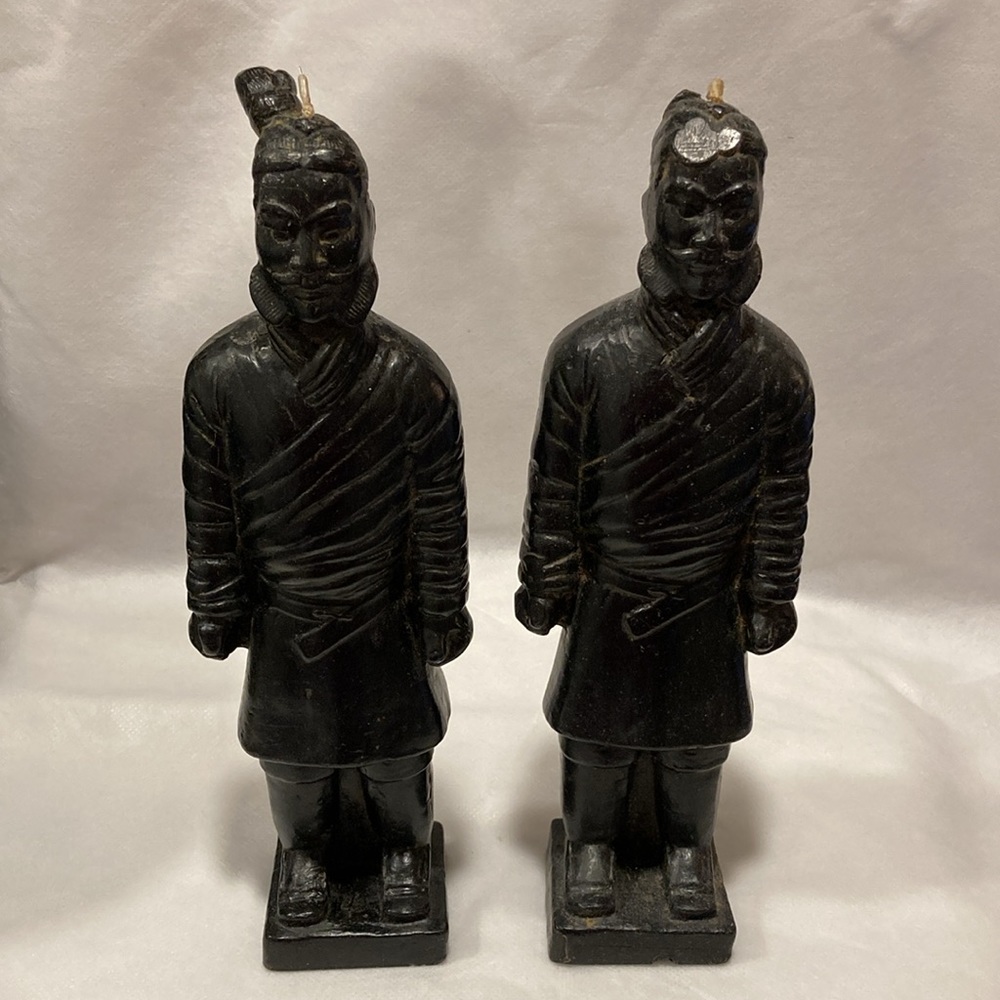 Pair of 2 Black Chinese Terracotta Warrior Statuette Candles